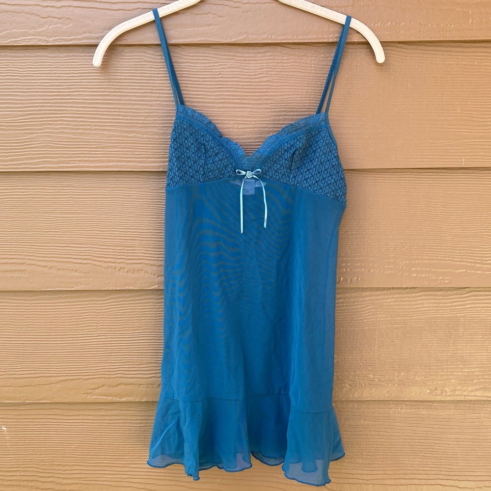 Victoria's Secret Y2K Rare Coquette Blue Lace Mesh Babydoll Chemise Dress Medium